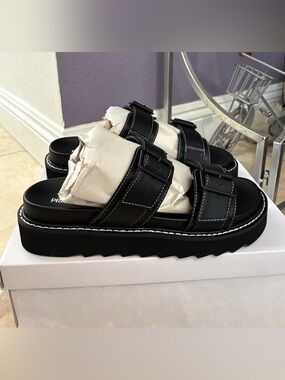 Princess Polly Black Double Buckle Platform Slide Sandals